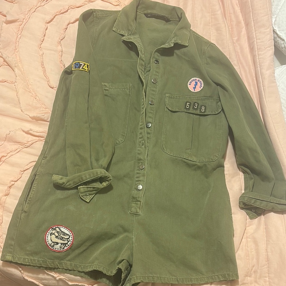 Green Utility Romper with Patches